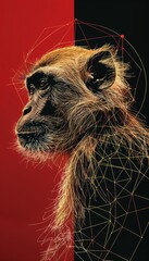 Poster - Deconstructed golden line art of a monkey on deep red background