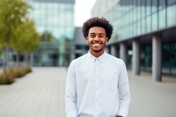 Wall Mural - Portrait of a joyful afro-american man in his 20s wearing a simple cotton shirt over modern university campus background