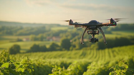 Poster - A drone hovers gracefully above a sprawling vineyard, capturing the vibrancy of green grapevines under the warm, golden light of sunset, with hills in the distance.