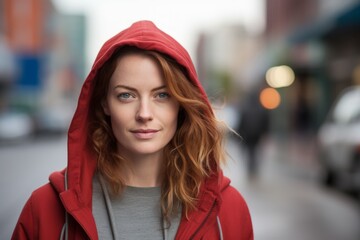 Portrait of a merry woman in her 30s sporting a comfortable hoodie in bustling city street background