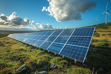 solar panels in a field with wind turbines, showcasing renewable energy sources.