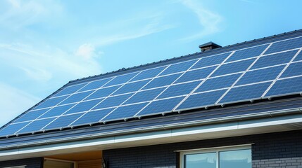 renewable energy solutions featuring solar panels on a house roof under a clear blue sky with copy s