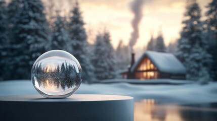 Poster - A crystal globe captures the reflection of a cozy cabin amidst snowy trees as twilight approaches. Soft smoke rises from the chimney, enhancing the tranquil winter atmosphere.