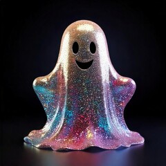 Glitter ghost in pastel colors, 3D render, shiny and cheerful, on a black background, minimalist style, glittery effects, with empty space.