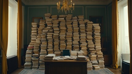 Aufkleber - A Room Filled with Stacks of Books and a Desk