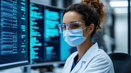a healthcare professional in a lab coat and mask analyzes data on digital screens, showcasing the in