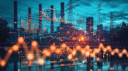 Industrial cityscape with digital financial graph overlay representing economy and growth