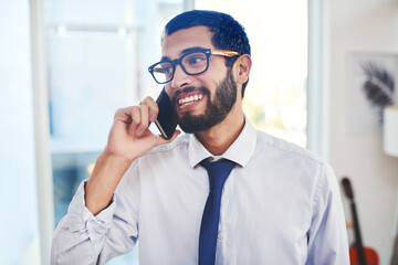 Aufkleber - Phone call, remote work and happy business man talking to contact for sales offer, feedback or update. Mobile, connection and freelancer in home for conversation, consulting or listen to information