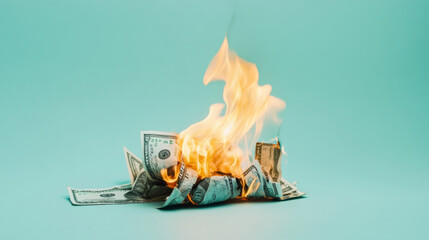 Burning money in front of color background, concept of financial waste