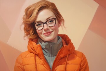 Wall Mural - Portrait of a jovial woman in her 30s sporting a quilted insulated jacket in front of pastel or soft colors background