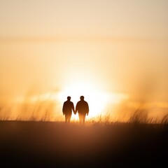 A serene moment two silhouettes strolling hand in hand towards a glowing sunset over a tranquil landscape