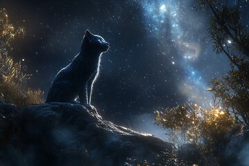 Wall Mural - a mystical wolf silhouette gazes at a starry night sky, surrounded by glowing foliage.