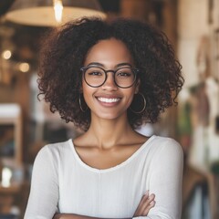 A young woman with curly hair, wearing glasses, smiles in a warmly lit environment.