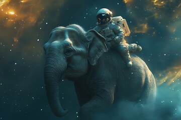 Wall Mural - an astronaut riding an elephant in a cosmic space setting filled with stars and clouds.