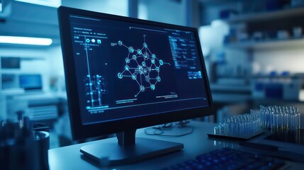 Poster - A computer monitor displays a complex network of data points, suggesting scientific research or analysis, with test tubes and other lab equipment in the background.