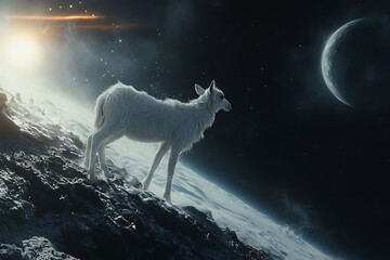 Wall Mural - a surreal scene of a white wolf standing on a lunar surface, gazing at a distant planet.