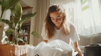 Canvas Print - A young woman sorting through laundry in a sunny living room surrounded by plants and natural light in the afternoon