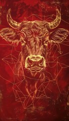 Poster - Deconstructed golden ox line art on deep red background