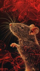 Poster - Deconstructed golden line art of a rat on deep red background