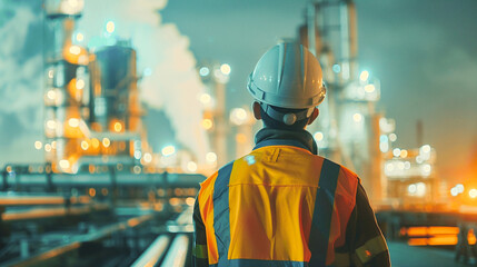 Engineer wearing safety uniform and helmet looking to power