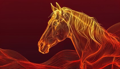 Poster - Deconstructed golden line art of a horse on deep red background