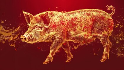 Poster - Deconstructed golden and silver line art of a pig