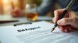 © vitanovski - Close-up of bid proposal document with pen and glass in background