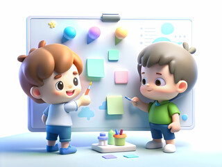 Kids Brainstorming Ideas with Creative Boards � Two Imaginative Children Collaborate Using Markers on an Abstract Soft Background, Showcasing Creativity and Teamwork in a Close-Up Scene | Photo Stock 