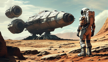Wall Mural - A lone astronaut explores the barren landscape of an alien planet while a futuristic spacecraft hovers in the distance under a clear blue sky