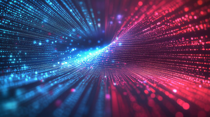 Leinwandbilder - Abstract background of digital data streams and binary code, highlighted by dynamic red light rays, blue glow, and moving bokeh lights. This futuristic cyber space design reflects the concept of digit