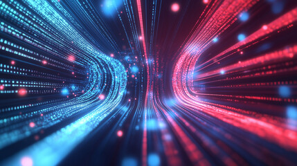 Leinwandbilder - Abstract background of digital data streams and binary code, highlighted by dynamic red light rays, blue glow, and moving bokeh lights. This futuristic cyber space design reflects the concept of digit