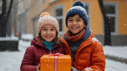 Two children are standing outside and smiling in the snow, holding bright Christmas presents. They are standing close together, radiating joy.