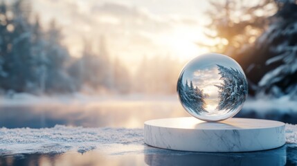 Poster - A crystal sphere sits on a marble base, capturing the tranquil beauty of a snowy landscape at dawn. The scene features a frozen lake and trees enveloped in a soft winter atmosphere.