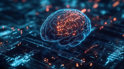 Poster - A glowing, translucent human brain sits on a circuit board with glowing connections.