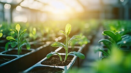 Wall Mural - young green seedlings growing in a greenhouse with warm, natural sunlight shining in the background.