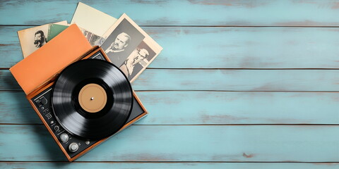 Aufkleber - A vintage record player spinning a vinyl record, on blue background, layout with copy space