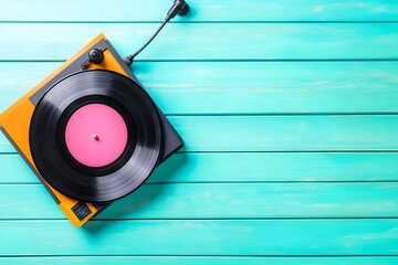 Aufkleber - A vintage record player spinning a vinyl record, on blue background, layout with copy space
