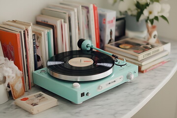 A vintage record player spinning a vinyl record, surrounded by old album covers