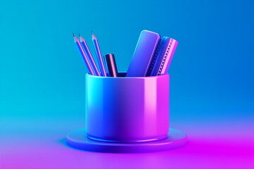 Aufkleber - Gradient 3d cup with pen, pencil, liner, futuristic isolated neon background design layout, office supplies