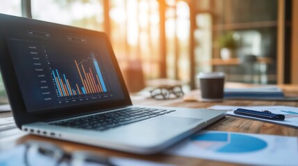 Poster - A laptop with a graph on the screen sits on a wooden desk with other work materials.