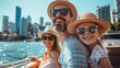 © Oscar - A family of tourists enjoying a boat tour along a river, with city skylines and famous landmarks in the background