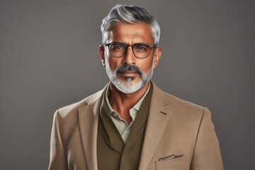 Wall Mural - Portrait of a content indian man in his 50s dressed in a stylish blazer in front of minimalist or empty room background