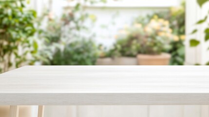 Aufkleber - Minimalist Eco-Friendly Product Display on Smooth White Wooden Table in Peaceful Garden Setting