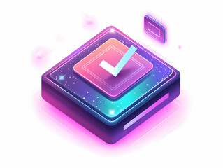 Sticker - Flat Floating Holographic Ballot with Glowing Checkmark and Candidate Options in a Simple Vector Illustration for Smart Business Concepts