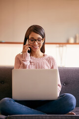 Poster - Remote work, phone call and woman on laptop on sofa for online research, contact and networking. Home, freelance business and person on computer and smartphone for website, internet and planning