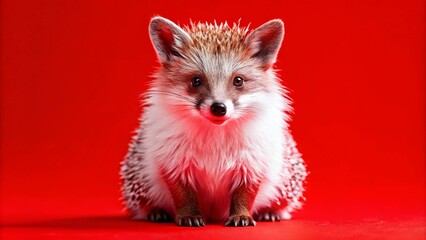 Wall Mural - A cute hedgehog with a curious expression, sitting on a red background.