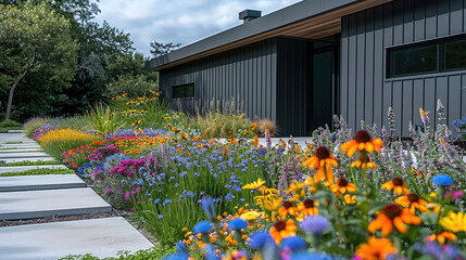 A modern home with gray horizontal cladding, surrounded by colorful wildflowers and greenery in the front yard. The entrance is framed by a dark gray door, a concrete paths criss-crossing each.