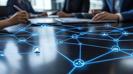 Poster - Businesspeople Working with Holographic Network Connection on a Table