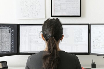 Aufkleber - South Asian Female Engineer in High-Tech Home Office Analyzing Data on Multiple Screens