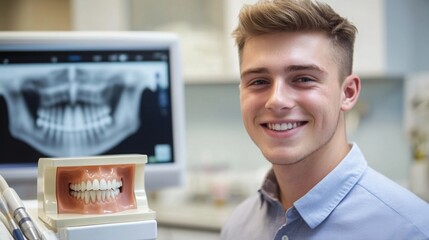 Aufkleber - A young man stands in a dental clinic, beaming with a bright smile. In front of him, a model of teeth showcases dental health, while an X-ray image of teeth is visible on a screen behind him.